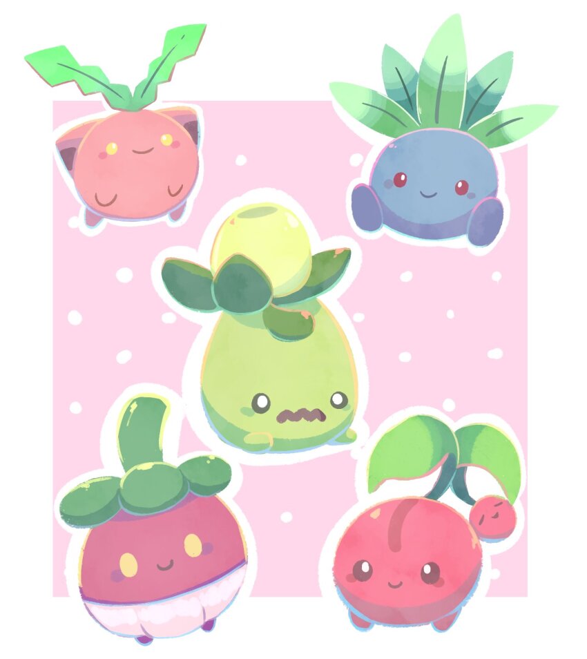 aquabluu blush_stickers border bounsweet cherubi closed_mouth commentary english_commentary game_freak gen_1_pokemon gen_2_pokemon gen_4_pokemon gen_7_pokemon highres hoppip leaf looking_at_viewer nintendo no_humans o_o oddish open_mouth outline outside_border pink_background pokemon pokemon_(creature) polka_dot polka_dot_background red_eyes simple_background sitting smile smoliv solid_oval_eyes wavy_mouth white_border white_outline yellow_eyes
