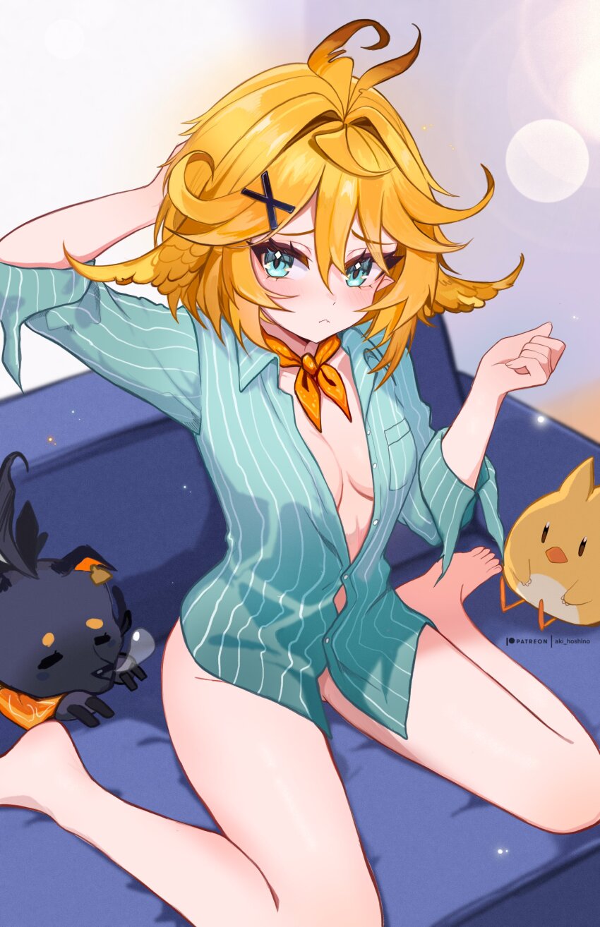 1girl :&lt; absurdres aki_hoshino arm_up barefoot blonde_hair blue_shirt blurry blurry_background breast_pocket breasts button_gap cleavage collared_shirt commentary couch doki_amber_doge_(dokibird) dokibird_(vtuber) dragoon_(dokibird) english_commentary green_eyes hair_ornament highres indie_virtual_youtuber looking_at_viewer naked_shirt neckerchief on_couch partially_unbuttoned pinstripe_pattern pinstripe_shirt pocket shirt short_hair sitting small_breasts solo spiked_hair virtual_youtuber wariza x_hair_ornament yellow_neckerchief