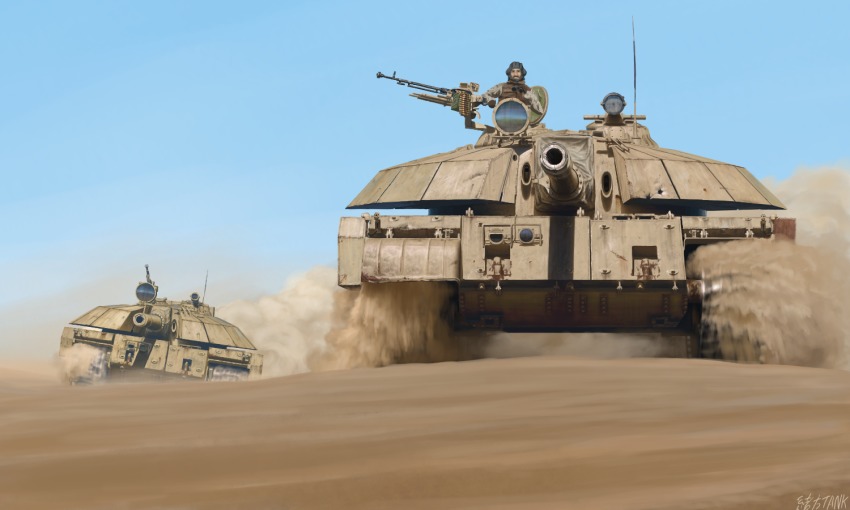 1boy day desert dust gun heavy_machine_gun machine_gun military military_vehicle motor_vehicle ogata_tank real_life sand sky t-55 t-55_enigma tank weapon