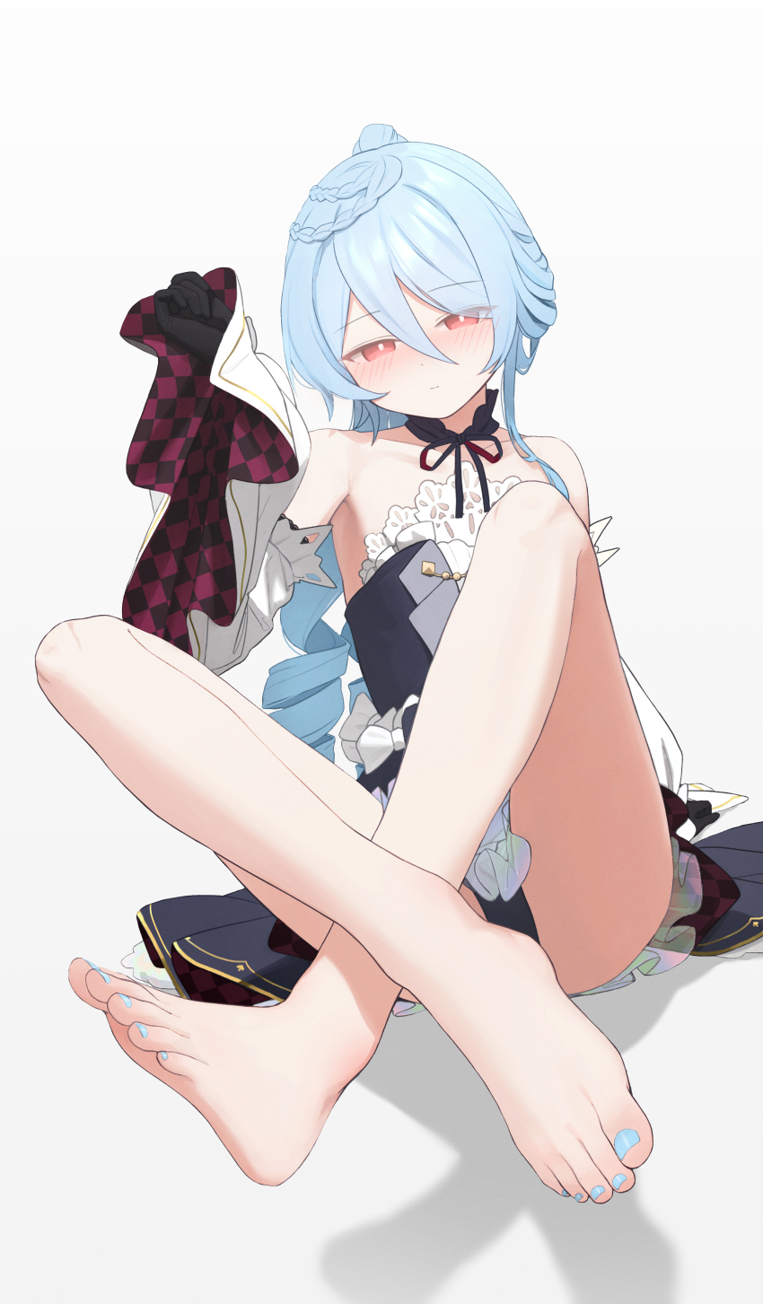 1girl absurdres barefoot blue_hair blush feet highres kabanoki long_hair looking_at_viewer nail_polish red_eyes toenail_polish toenails toes
