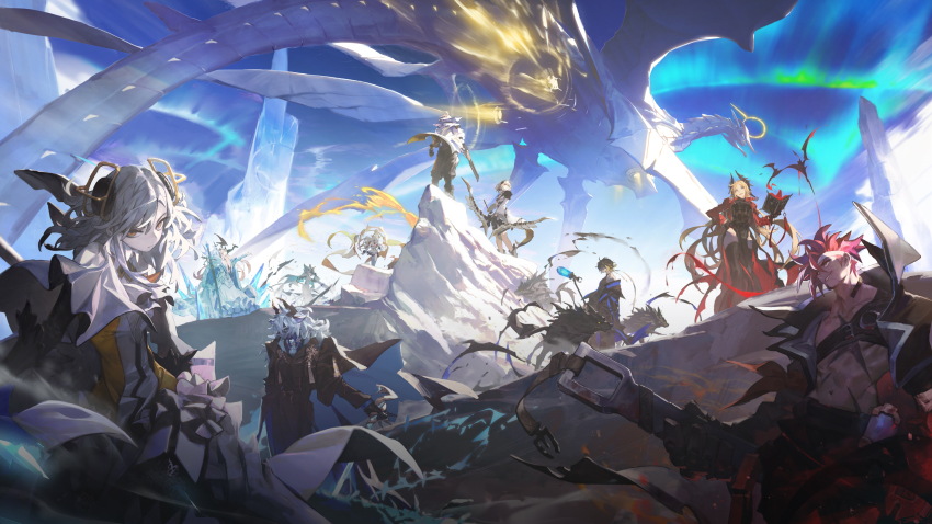 3boys 6+girls absurdres alchemy_stars aurora bethlehem_(alchemy_stars) black_jacket black_legwear book bow_(weapon) cane capelet carleen_(alchemy_stars) commentary_request dress fire flying formal_clothes hair_ornament headband hemokinesis highres horns hydrad_(alchemy_stars) ice istvan_(alchemy_stars) jacket korean_commentary long_hair looking_at_viewer mechanical_arms multiple_boys multiple_girls navel navigator_(alchemy_stars) official_art open_book outdoors pelvic_curtain philyshy_(alchemy_stars) promotional_art red_eyes red_jacket scar scar_on_chest short_hair single_mechanical_arm sinsa_(alchemy_stars) snow soroz_(alchemy_stars) staff standing suit sword tail uriel_(alchemy_stars) vice_(alchemy_stars) victoria_(alchemy_stars) wan_young_yun weapon white_dress white_hair wolf