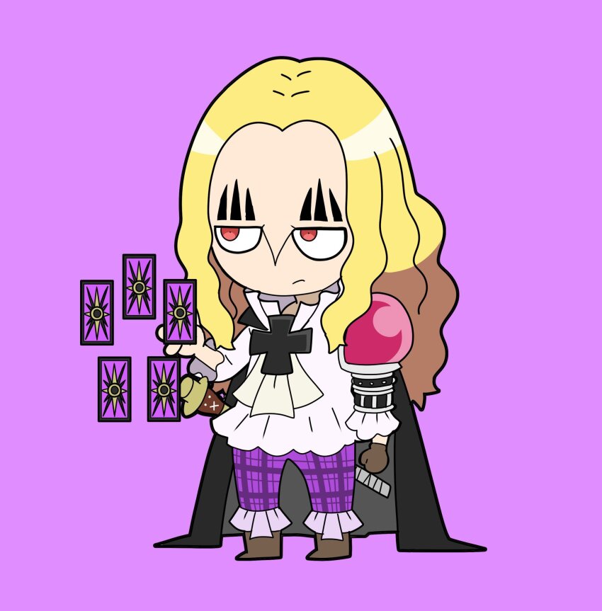1boy armor basil_hawkins black_cape blonde_hair cape card chibi closed_mouth cross cross_patty facial_mark frilled_shirt frills gloves highres long_hair long_sleeves matsurika_0707 one_piece pants pauldrons purple_pants red_eyes shirt shoulder_armor single_pauldron solo weapon white_shirt