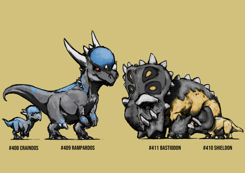 absurdres animal_focus bastiodon black_eyes blacknirrow character_name claws closed_mouth cranidos dinosaur english_text evolutionary_line from_side full_body gen_4_pokemon highres nintendo no_humans pokedex_number pokemon pokemon_(creature) rampardos realistic red_eyes shieldon simple_background sketch spikes standing tusks yellow_background yellow_eyes