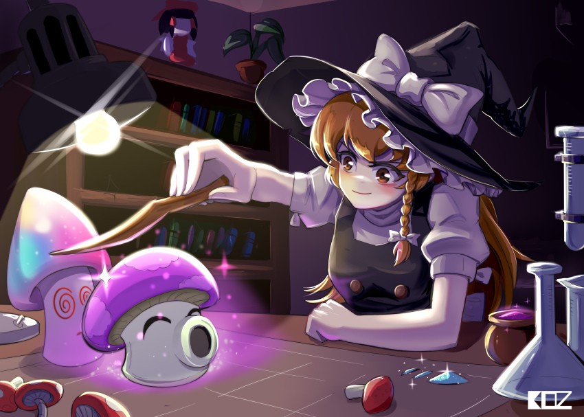 absurdres apron aura beaker black_vest blonde_hair bookshelf box breasts closed_mouth doll edz_drawz hakurei_reimu hat highres holding holding_wand hypno-shroom_(plants_vs._zombies) kirisame_marisa lamp mushroom plant plants_vs._zombies potted_plant powder puff-shroom_(plants_vs._zombies) ribbon shadow shirt smile table touhou vest wand white_ribbon white_shirt witch witch_hat yellow_eyes