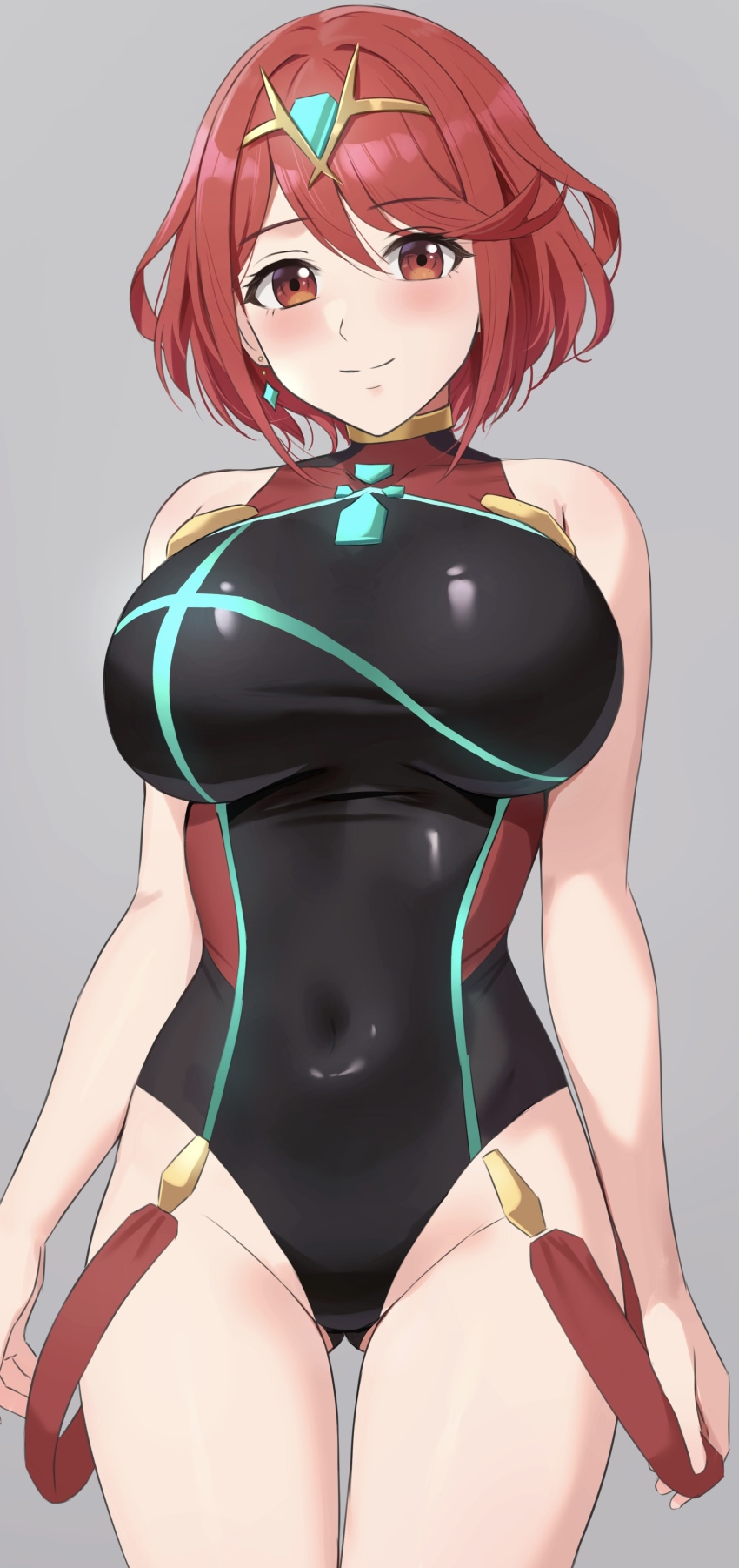 1girl absurdres amayo_thranana black_one-piece_swimsuit blush breasts chest_jewel closed_mouth commentary_request competition_swimsuit core_crystal_(xenoblade) covered_collarbone earrings grey_background highleg highleg_one-piece_swimsuit highres jewelry large_breasts looking_at_viewer one-piece_swimsuit pyra_(xenoblade) red_eyes red_hair short_hair simple_background smile solo standing swept_bangs swimsuit thighs tiara xenoblade_chronicles_(series) xenoblade_chronicles_2
