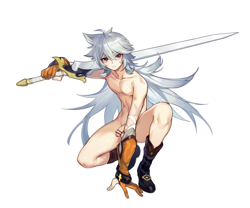 1boy absurdres bar_censor boots censored genshin_impact grey_hair highres holding holding_sword holding_weapon hudr5735 long_hair male_focus razor_(genshin_impact) red_eyes solo sword weapon white_background