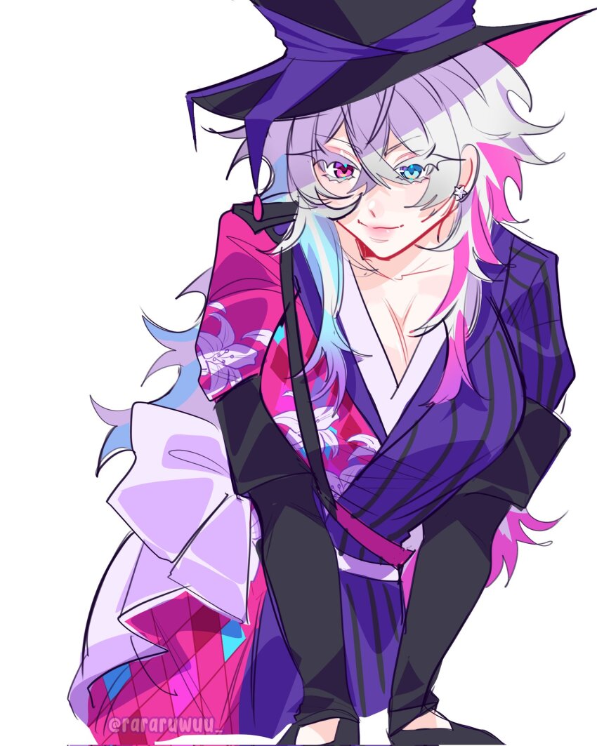 1girl alternate_hair_length alternate_hairstyle argyle_clothes argyle_coat blue_eyes blue_hair breasts cleavage coat colored_eyelashes commentary english_commentary eyelashes flipped_hair gavis_bettel gavis_bettel_(1st_costume) genderswap genderswap_(mtf) gloves grey_hair hair_between_eyes hat heterochromia highres holostars holostars_english large_breasts leaning_forward long_hair looking_at_viewer multicolored_coat multicolored_hair pink_eyes pink_hair pink_lips purple_ribbon rararuwuu ribbon simple_background smile solo striped_coat top_hat twitter_username vertical-striped_coat virtual_youtuber
