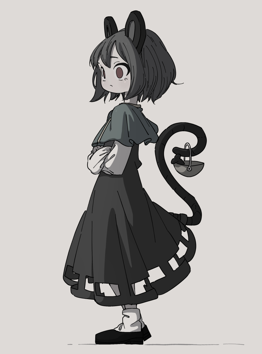 1girl :/ absurdres animal_ears black_shoes capelet closed_mouth crossed_arms dress expressionless from_side full_body grey_background grey_capelet grey_dress grey_hair highres long_sleeves medium_hair mouse_(animal) mouse_ears mouse_girl mouse_tail nazrin red_eyes shoes socks solo tail touhou uzou_(uzooooooooo) white_sleeves white_socks
