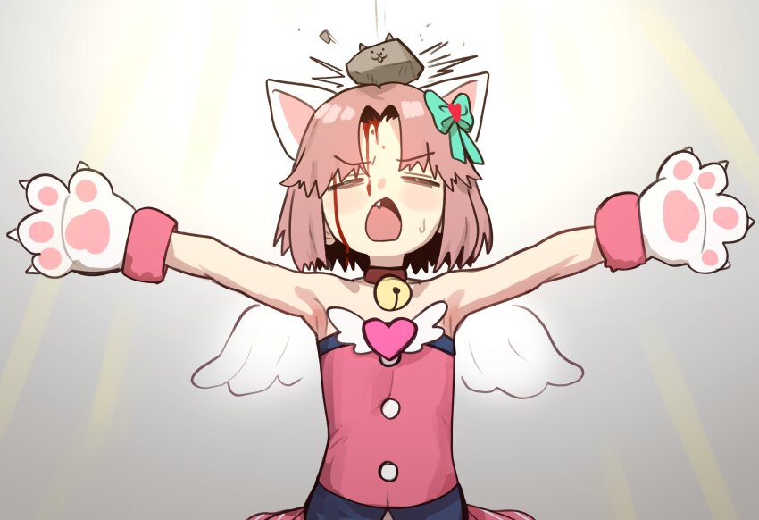 1girl =_= absurdres animal_ears animal_hands bare_shoulders bell blood blood_on_face bow cat_ears closed_eyes collar commentary ebora english_commentary facing_viewer fang flat_chest gloves hair_bow highres injury moneko_(nyanko_daisensou) neck_bell nyanko_daisensou open_mouth outstretched_arms parted_lips paw_gloves pink_hair pink_shirt rock shirt short_hair solo spread_arms strapless strapless_shirt sweatdrop upper_body wings