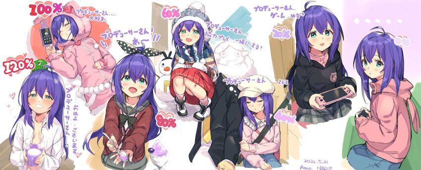 1boy 1girl absurdres ahoge animal_hood black_bow black_bowtie black_hoodie black_jacket blush bow bowtie breasts cellphone character_name closed_mouth commentary_request cup dated green_eyes grey_sailor_collar grin hair_between_eyes hair_ribbon half-closed_eyes happy_birthday hat heart highres holding holding_cup holding_spoon hood hood_down hood_up hoodie idolmaster idolmaster_million_live! incoming_food jacket long_hair long_sleeves looking_at_viewer looking_to_the_side lying mittens mochizuki_anna multiple_views necktie on_back open_clothes open_mouth open_shirt percentage phone pink_hoodie pink_shirt pink_socks polka_dot polka_dot_ribbon ponytail producer_(idolmaster) progression purple_hair rabbit_hood red_skirt ribbon sailor_collar seatbelt sequential shennai_misha shirt shoes sitting skirt sleeping smartphone smile snowman socks spoon squatting translation_request white_hat white_mittens winter_clothes yellow_necktie