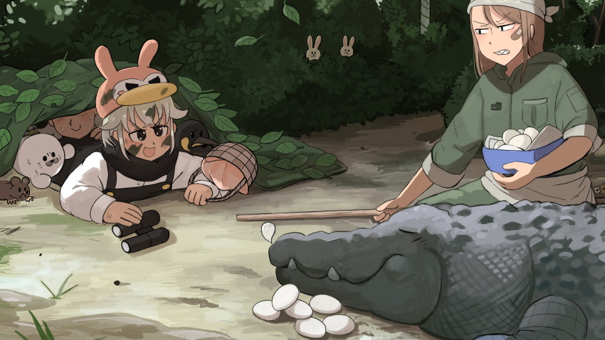3girls bandaid bandaid_on_face binoculars bird black_overalls brown_hair bush commentary crocodile crocodile_keeper_(diva) crocodilian diva_(hyxpk) donut_stamp duck easter egg english_commentary green_jacket grey_hair headscarf highres holding holding_stick jacket king_penguin lying mouse_(animal) multiple_girls nose_bubble overalls penguin penguin_keeper_(diva) seal_keeper_(diva) seal_puppet sharp_teeth shirt short_hair slice_of_life smile stick teeth white_headscarf white_shirt zoo zookeeper zookeepers_(diva)