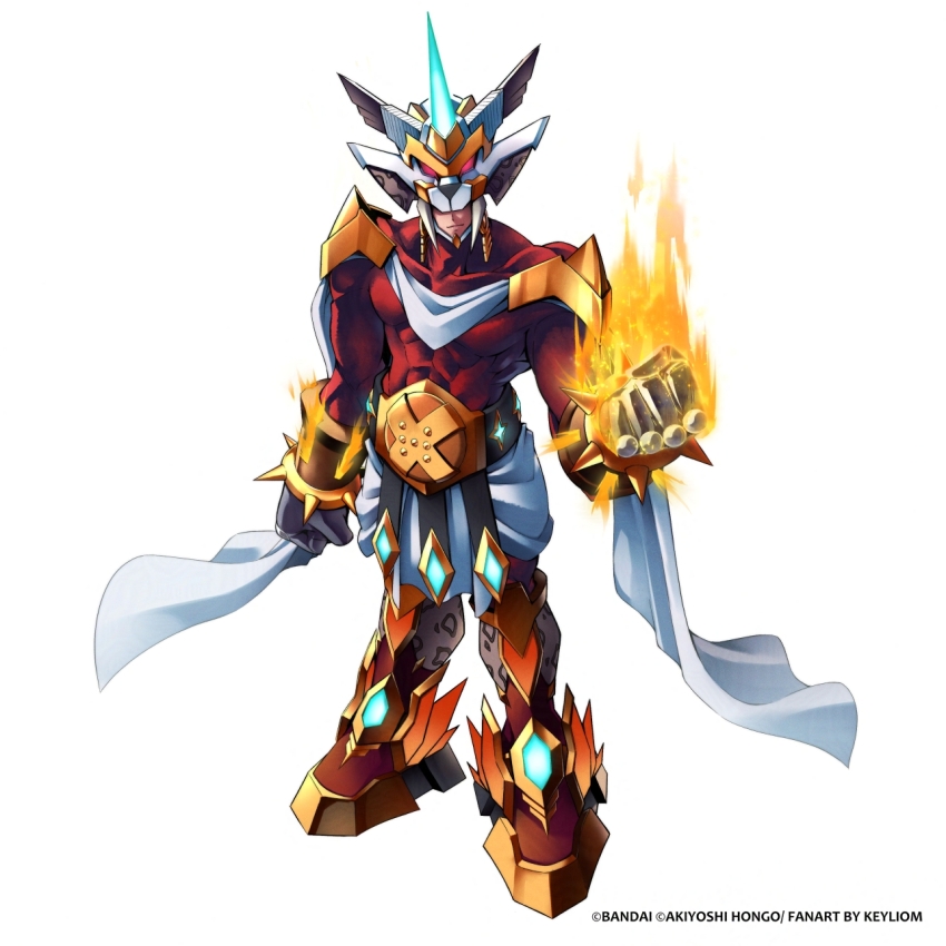 1boy artist_name cape clenched_hand digimon digimon_(creature) flaming_hand highres horns keyliom male_focus marsmon missing_commentary oridigi simple_background single_horn solo white_background white_cape x-antibody