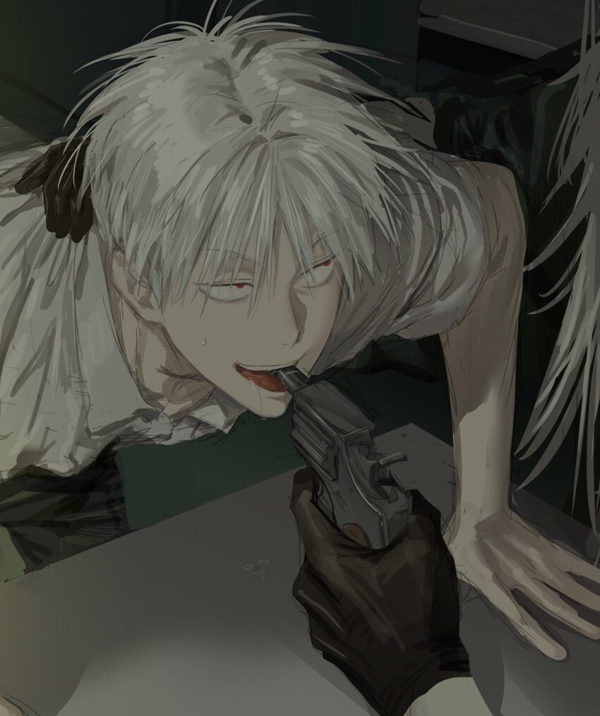 2boys absurdres akagi:_yami_ni_oritatta_tensai akagi_shigeru black_gloves black_pants chamuring collared_shirt fukumoto_mahjong gloves gun gun_in_mouth hair_between_eyes handgun highres ichikawa_(akagi) leaning_forward long_bangs long_hair looking_at_another looking_to_the_side male_focus multiple_boys open_mouth out_of_frame pants red_eyes revolver russian_roulette shirt short_hair short_sleeves smile solo_focus table teeth tongue tongue_out upper_body upper_teeth_only weapon white_hair white_shirt