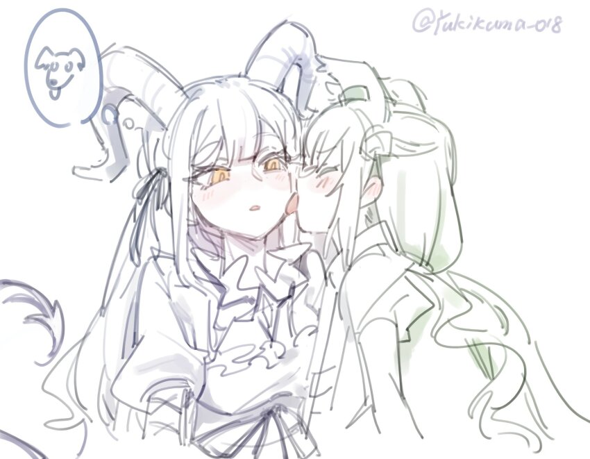 2girls animal_ear_fluff animal_ear_piercing animal_ears arknights artist_name bang_dream! bang_dream!_it&#039;s_mygo!!!!! blush center-flap_bangs chinese_commentary closed_eyes commentary_request curled_horns demon_girl demon_horns demon_tail dog drill_hair drill_ponytail ear_blush furrowed_brow hair_ribbon highres horns licking licking_another&#039;s_cheek licking_another&#039;s_face light_blush long_hair low_ponytail morpheus_(arknights) multiple_girls multiple_monochrome parted_lips ponytail profile puffy_sleeves ribbon simple_background sketch speech_bubble spoken_animal tail tail_raised thought_bubble togawa_sakiko togawa_sakiko_(master_of_melodia) tongue tongue_out twitter_username upper_body white_background yellow_eyes yukikuma_(yukikuma_018) yuri