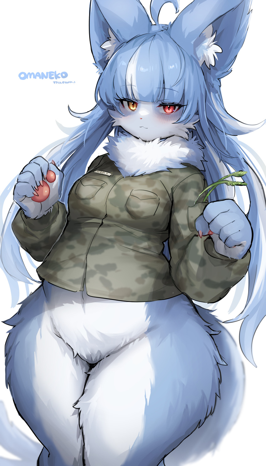 1boy absurdres animal_ear_fluff animal_ears animal_nose blue_fur blue_hair body_fur breasts camouflage camouflage_jacket camouflage_shirt character_name closed_mouth furry furry_male green_jacket green_shirt heterochromia highres jacket japan_air_self-defense_force_omaezaki_sub-base long_hair looking_at_viewer medium_breasts multicolored_hair omaneko red_eyes shirt simple_background snout solo standing suurin_(ksyaro) tail thick_thighs thighs trap two-tone_fur two-tone_hair white_background white_hair yellow_eyes