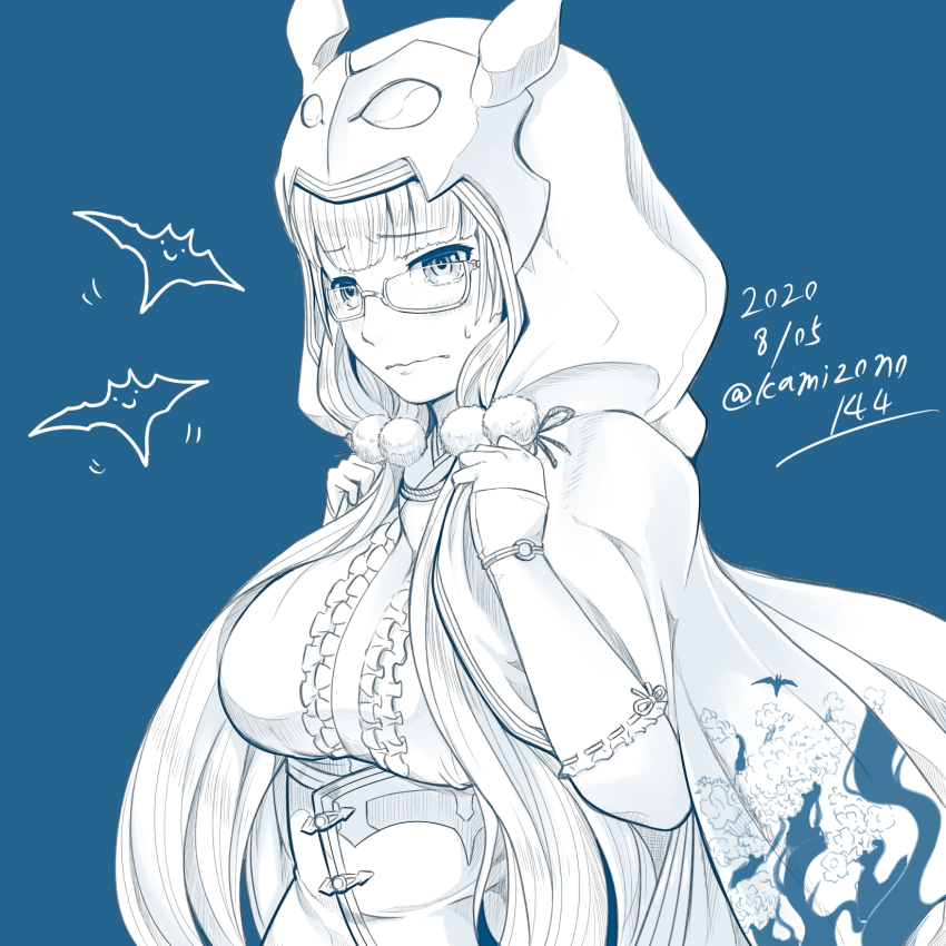 1girl bat_(animal) blue_background blue_theme breasts cloak corset dated embarrassed glasses highres hood kamizono_(spookyhouse) large_breasts lineart long_hair looking_down original tearing_up