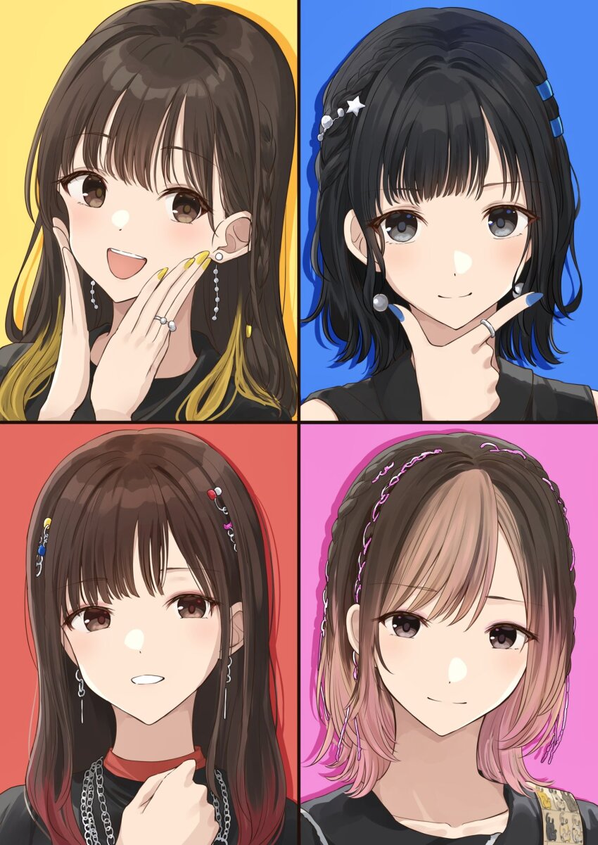 4girls :d aoyama_yoshino black_hair blonde_hair blue_background blue_nails bocchi_the_rock! brown_eyes brown_hair chain chain_earrings colored_inner_hair earrings grey_eyes grin hands_on_own_face hasegawa_ikumi highres jewelry kanaria_hisagi long_hair mizuno_saku multicolored_hair multiple_girls nail_polish open_mouth pink_background pink_hair real_life red_background red_hair ring short_hair smile streaked_hair suzushiro_sayumi teeth upper_body upper_teeth_only voice_actor yellow_background yellow_nails