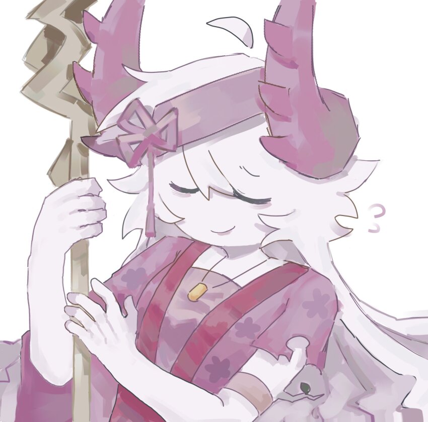 1girl closed_eyes closed_mouth colored_skin fish_193 headband highres holding holding_staff horns japanese_clothes kimono long_hair phighting! pink_headband pink_horns pink_kimono roblox simple_background smile solo staff upper_body very_long_hair vinestaff_(phighting!) white_background white_hair white_skin