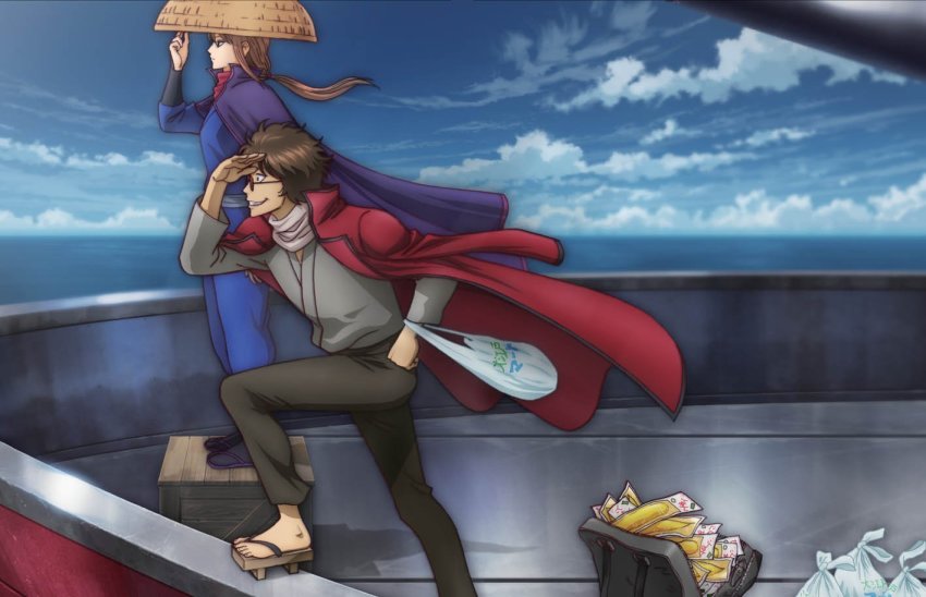1boy 1girl album_cover blonde_hair cover cover_page gintama mutsu_(gintama) sakamoto_tatsuma sandogasa ship watercraft