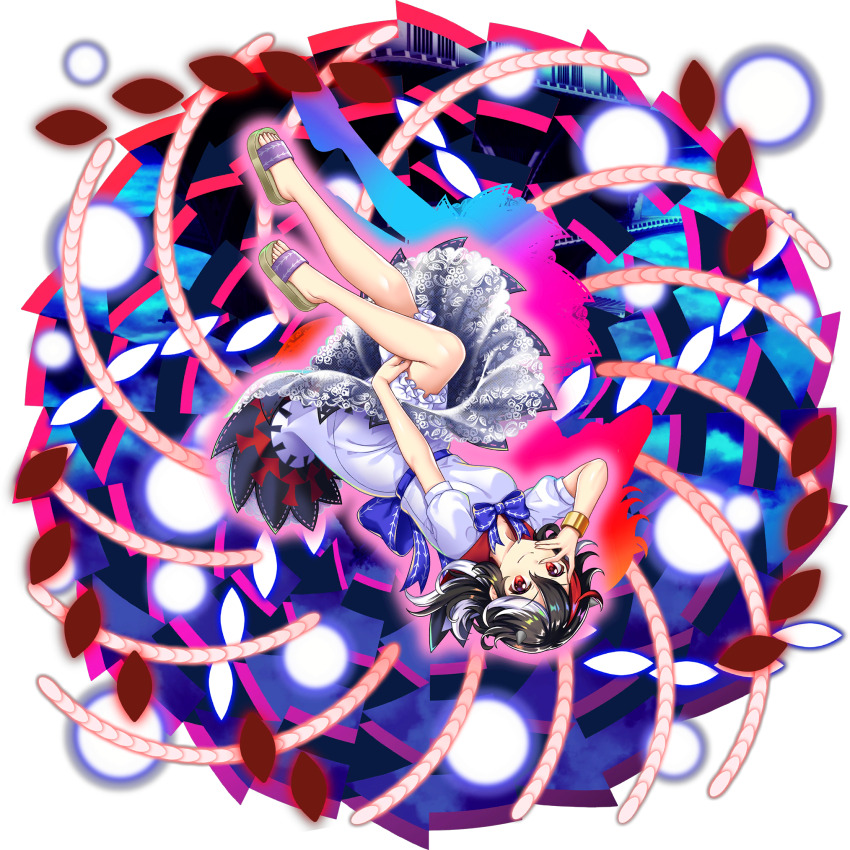 1girl arrow_print black_hair bloomers bow bowtie bracelet breasts closed_mouth danmaku double_dealing_character dress full_body game_cg highres jewelry kijin_seija kijin_seija_(shining) looking_at_viewer multicolored_hair official_art puffy_short_sleeves puffy_sleeves purple_bow purple_bowtie red_eyes red_hair rotte_(1109) sandals short_hair short_sleeves smile solo streaked_hair third-party_source touhou touhou_lostword transparent_background underwear upside-down white_bloomers white_dress white_hair