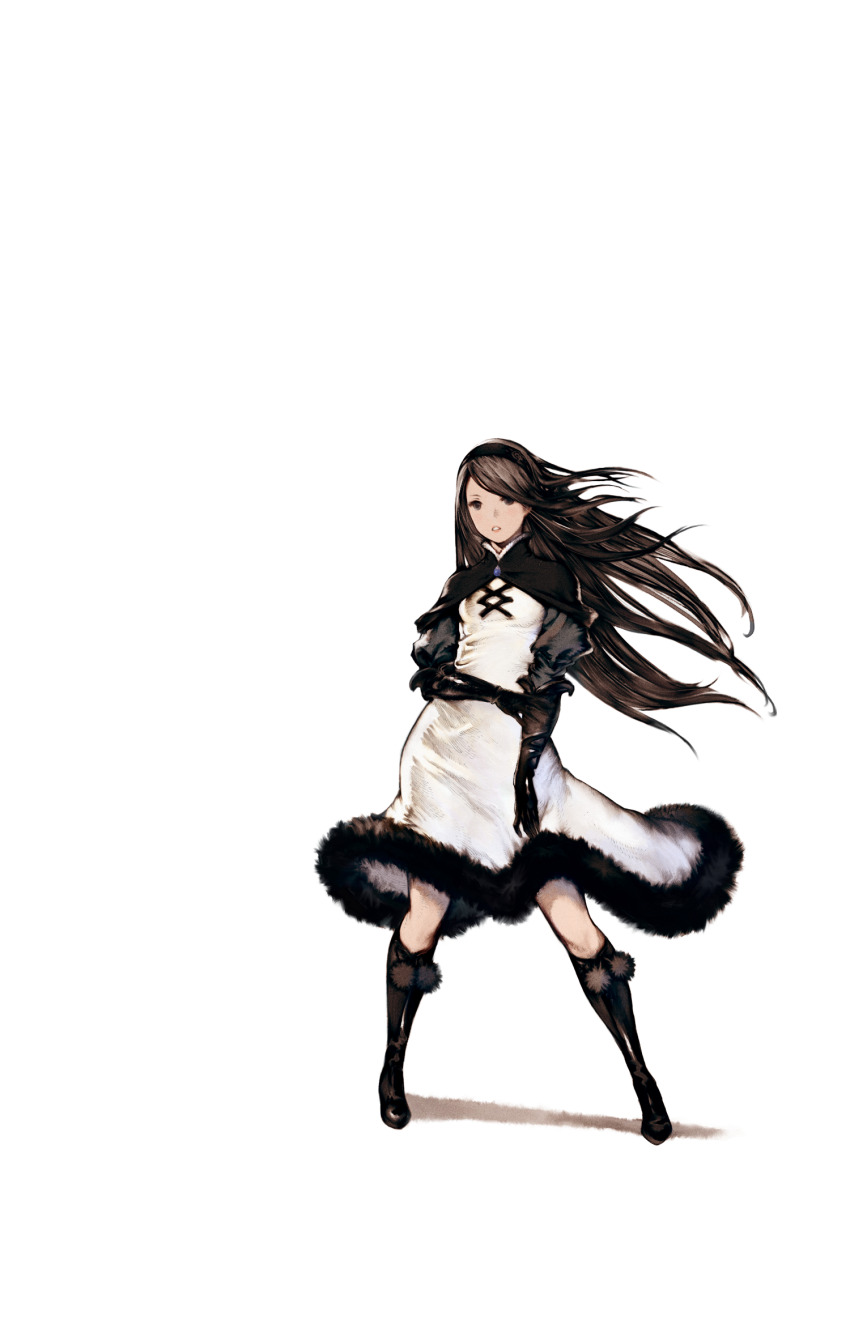 1girl agnes_oblige black_boots black_capelet black_eyes black_hair black_hairband boots bravely_default:_flying_fairy bravely_default_(series) capelet dress floating_hair full_body fur-trimmed_dress fur_trim gloves hairband highres knee_boots legs_apart long_hair looking_at_viewer official_art parted_lips pom_pom_(clothes) protected_link psd_available puffy_sleeves second-party_source simple_background solo standing transparent_background white_dress yoshida_akihiko