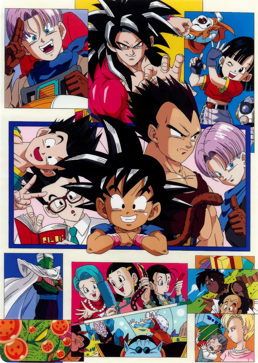 1990s_(style) animal antennae aqua_hair balding bead_necklace beads black_eyes black_hair blonde_hair blue_eyes blue_skin body_fur book box braid braided_ponytail brown_gloves brown_shirt bubbles_(dragon_ball) bulma butcher_knife cape carrying_over_shoulder chestnut_mouth chi-chi_(dragon_ball) child colored_skin dark-skinned_male dark_skin dragon_ball dragon_ball_(object) dragon_ball_gt earrings eel father_and_daughter father_and_son fingerless_gloves gift gift_box giru_(dragon_ball) gloves grey_hair grin halo highres holding holding_animal holding_book holding_knife holding_ladle husband_and_wife jewelry kibitoshin knife kuririn ladle long_hair looking_at_viewer midriff monkey_boy monkey_tail mr._satan muscular muscular_male namekian necklace necktie north_kaiou official_art old old_man open_mouth pan_(dragon_ball) panels piccolo pink_skin pointy_ears purple_hair purple_skin red_fur retro_artstyle robot rou_kaioushin round_eyewear saiyan shenron_(dragon_ball) shirt short_hair sleeveless sleeveless_shirt smile son_gohan son_goku son_goten sunglasses super_saiyan super_saiyan_4 tail thumbs_up toei_animation trunks_(dragon_ball) turban uub v vegeta videl widow&#039;s_peak wince wristband yellow_eyes