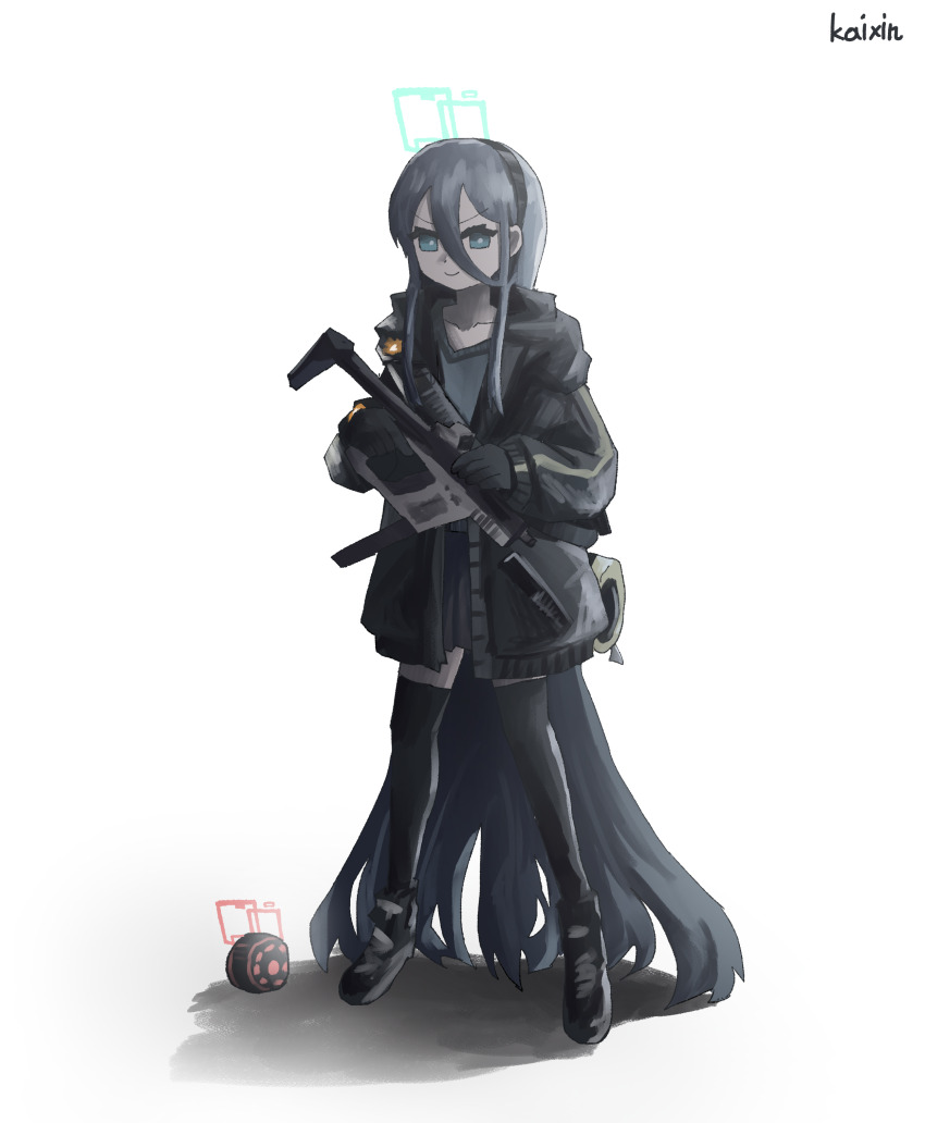 1girl absurdly_long_hair absurdres alternate_costume aris_(blue_archive) backpack bag black_coat black_gloves black_hair black_shirt black_shoes black_skirt black_thighhighs blue_archive blue_eyes blue_halo coat collarbone commentary drone english_commentary full_body gloves gun hair_between_eyes hairband halo highres holding holding_gun holding_weapon kai_xin kei_(blue_archive) kriss_vector long_hair long_sleeves looking_at_viewer open_clothes open_coat red_halo shirt shoes sidelocks simple_background skirt smile sneakers solo standing submachine_gun t-shirt thighhighs tom_clancy&#039;s_the_division_2 v-shaped_eyebrows very_long_hair weapon white_background zettai_ryouiki