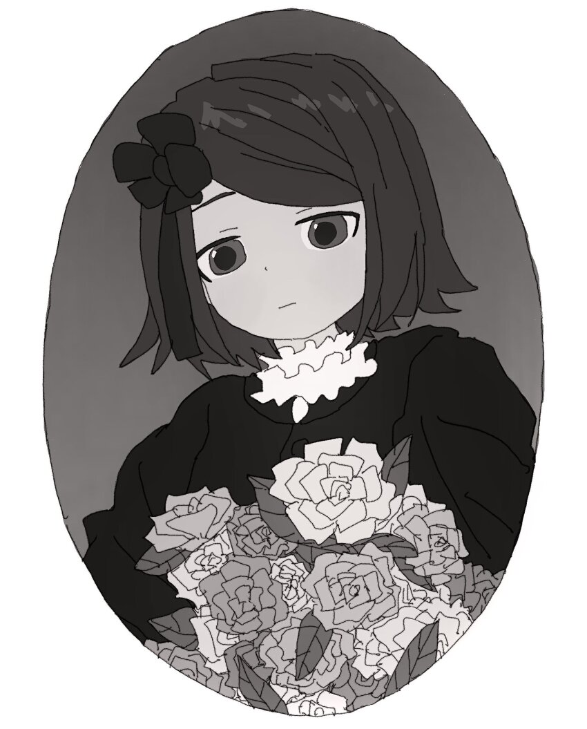 1girl alternate_costume bouquet closed_mouth commentary_request dress expressionless fake_photograph flower greyscale hair_ribbon highres holding holding_bouquet kagamine_rin kousou_(vanilla_rkgk) looking_at_viewer monochrome oval_image ribbon short_hair simple_background solo swept_bangs upper_body vocaloid