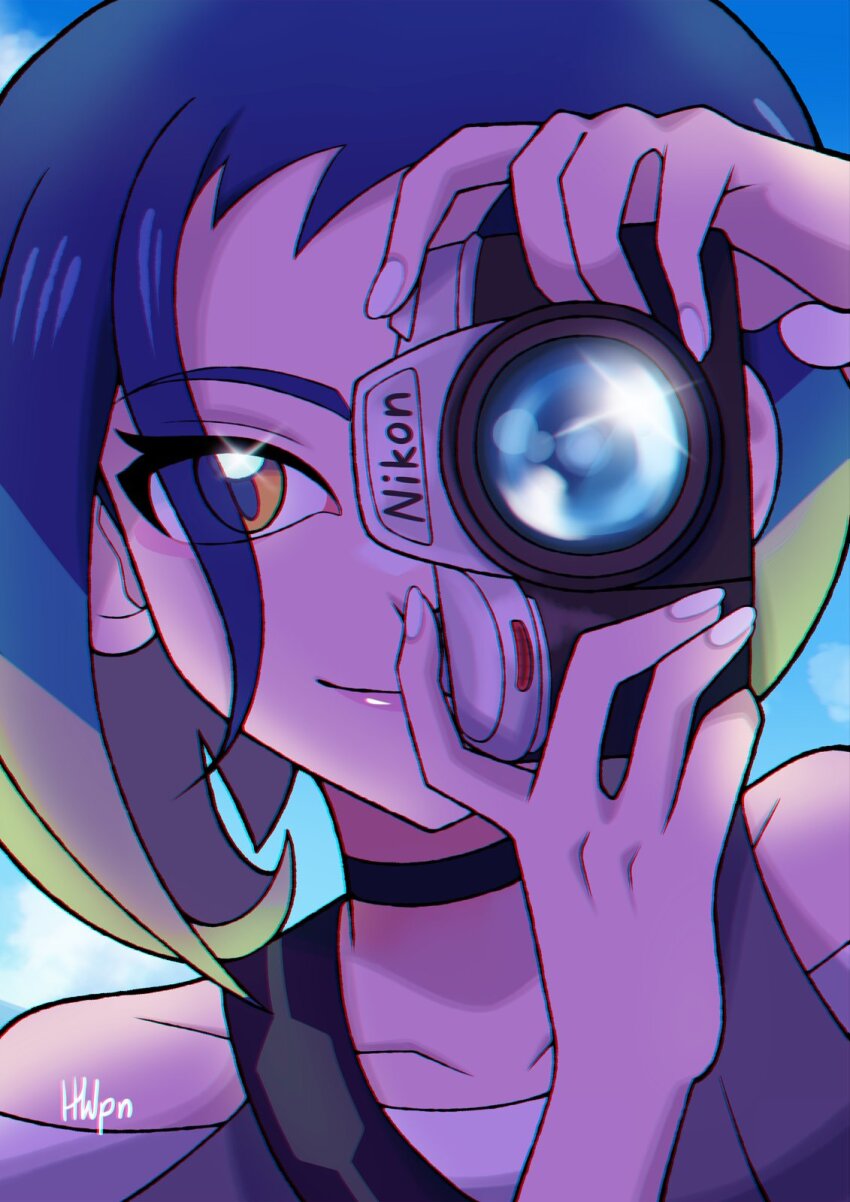 1girl artist_name bare_shoulders black_choker blue_hair bob_cut brown_eyes camera choker collarbone crop_top gradient_hair grey_shirt highres holding holding_camera inglebard loose_hair_strand multicolored_hair nintendo off-shoulder_shirt off_shoulder perrin_(pokemon) photographer pokemon pokemon_sv ribbed_shirt shirt short_hair sleeveless sleeveless_shirt undershirt upper_body v-neck watch white_nails wristwatch