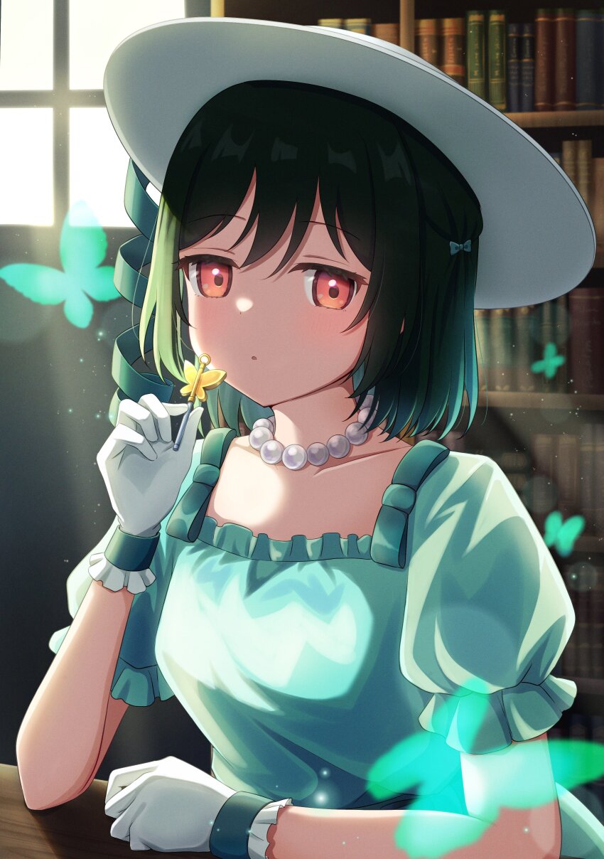 1girl absurdres bead_choker beads black_hair bookshelf breasts bug butterfly collarbone commentary day dress emotion_(love_live!) english_commentary frilled_gloves frills gloves green_butterfly green_dress hat highres holding indoors insect library light_particles love_live! love_live!_nijigasaki_high_school_idol_club medium_breasts mifune_shioriko official_alternate_costume orange_eyes puffy_short_sleeves puffy_sleeves ritaso short_hair short_sleeves solo sun_hat sunlight upper_body white_gloves white_hat window
