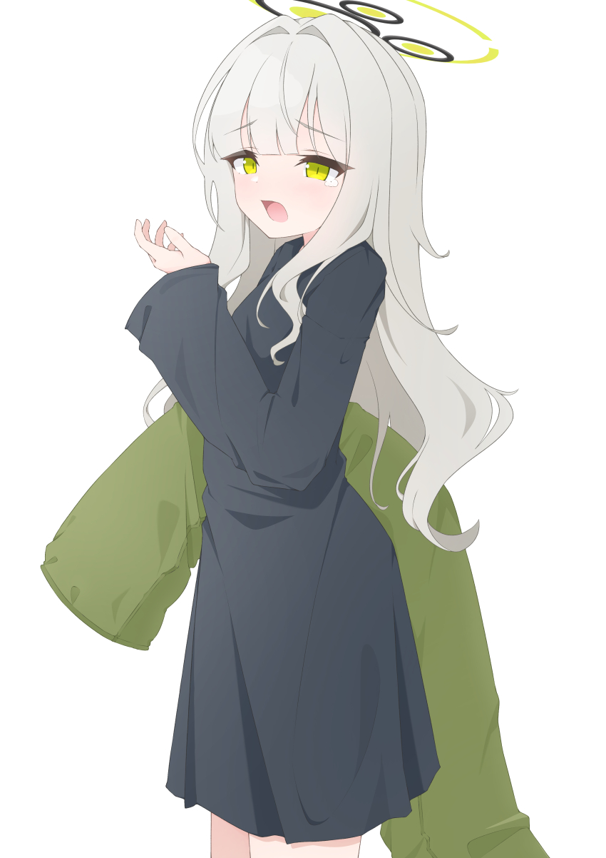1girl absurdres black_shirt blue_archive blunt_bangs blush commentary_request cowboy_shot from_side green_eyes green_halo grey_hair hair_intakes halo hand_up hare_(blue_archive) hare_(pajamas)_(blue_archive) highres holding holding_pill long_hair long_sidelocks long_sleeves looking_at_viewer mizusaki_(kn27) open_mouth oversized_clothes oversized_shirt shirt sidelocks simple_background solo tearing_up very_long_hair white_background yawning