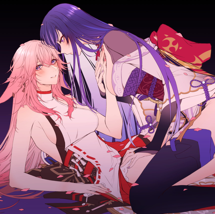 2girls animal_ears back_bow bare_arms black_background blush bow breasts bridal_gauntlets cherry_blossoms cleavage commentary dress english_commentary fox_ears genshin_impact hand_on_another&#039;s_chest hand_on_another&#039;s_thigh japanese_clothes kimono large_breasts looking_at_another looking_at_viewer multiple_girls parted_lips pink_hair pink_nails purple_eyes purple_hair purple_kimono purple_nails purple_thighhighs raiden_shogun sideboob sieka_(piiroinardesco) simple_background smile thighhighs white_dress yae_miko yuri