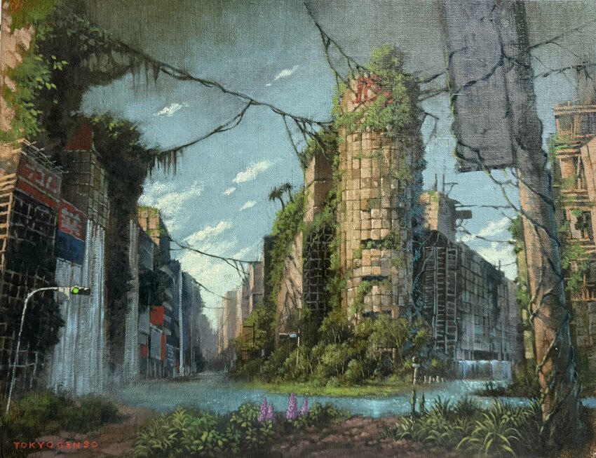 building city cityscape cloud commentary day english_commentary flower highres landscape lavender_(flower) no_humans oil_painting_(medium) original outdoors overgrown painting_(medium) post-apocalypse real_world_location ruins scenery shibuya_(tokyo) shibuya_109 sign signature sky tokyo_(city) tokyogenso traditional_media water waterfall