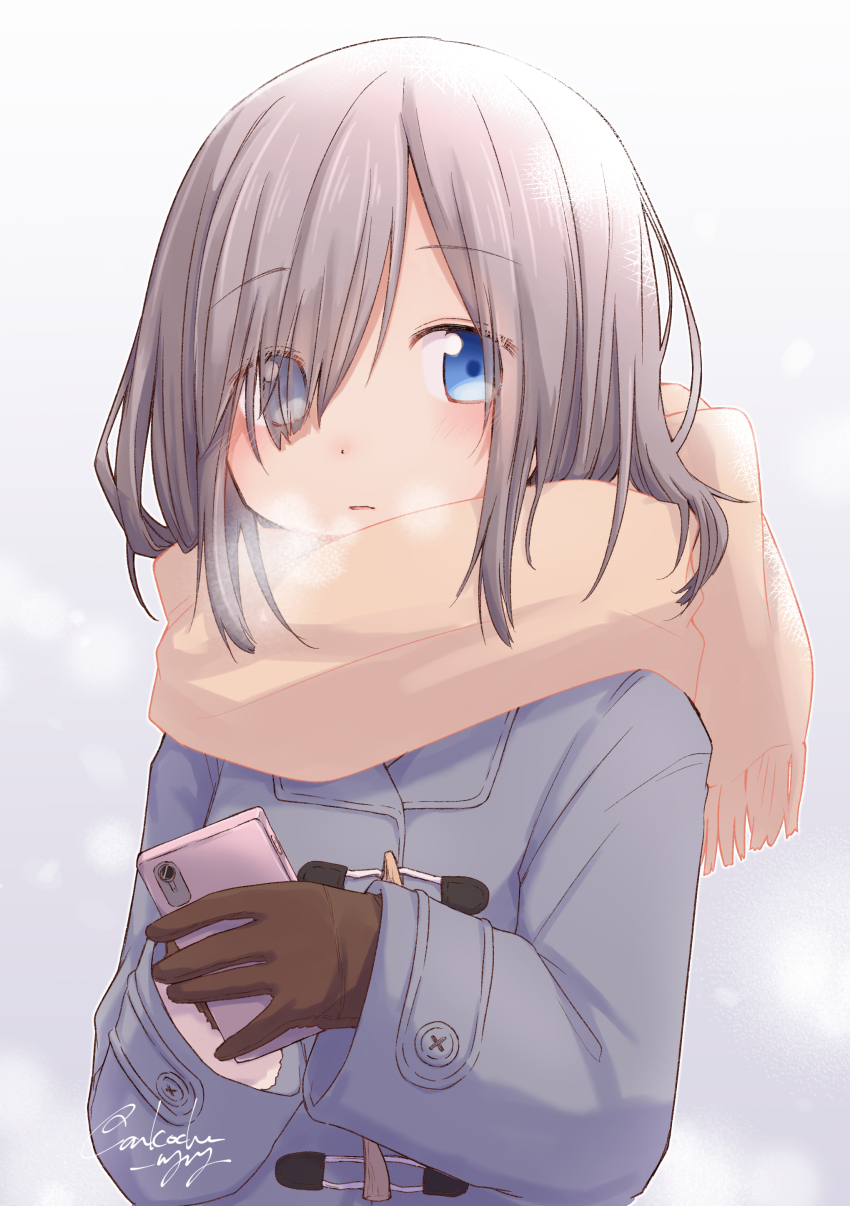 1girl absurdres blue_coat blue_eyes breath cellphone coat commentary_request eyes_visible_through_hair grey_hair hair_over_one_eye highres holding holding_phone isuzu_ren itou_(ankocha-mgmg) long_sleeves looking_at_viewer magia_record:_mahou_shoujo_madoka_magica_gaiden mahou_shoujo_madoka_magica phone scarf short_hair smartphone solo upper_body winter_clothes