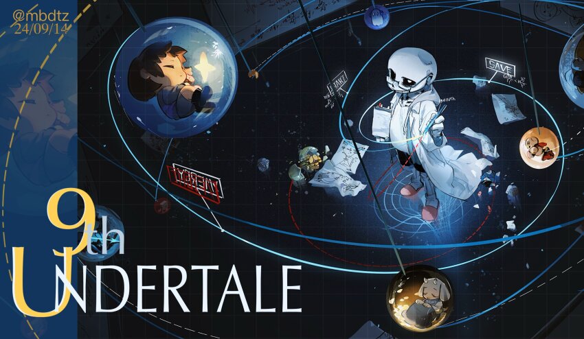 1boy 1other absurdres alphys anniversary black_sclera black_shorts coat colored_sclera dated floating frisk_(undertale) glasses highres holding holding_pen lab_coat long_sleeves looking_at_viewer mbdtz napstablook papyrus_(undertale) pen pink_slippers sans_(undertale) shirt shorts skeleton slippers standing star_(sky) star_(symbol) toriel undertale white_coat white_eyes white_shirt