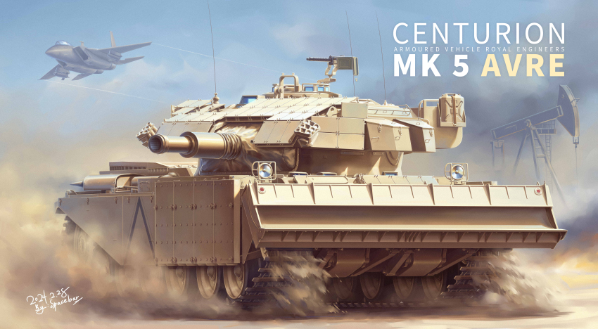 absurdres aircraft airplane artist_name british_army browning_m1919 bulldozer centurion_(tank) commission dated desert english_text f-15e_strike_eagle fighter_jet guided_bomb gulf_war gun highres machine_gun medium_machine_gun military_vehicle motor_vehicle no_humans oil_well original pixiv_commission pumpjack reactive_armor sand spacebar_hobby tank vehicle_focus weapon