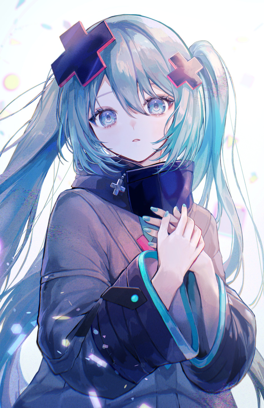 1girl absurdres black_jacket blue_eyes blue_hair blue_nails blue_stripes cross falling_petals hair_between_eyes hair_ornament hairpin hatsune_miku highres jacket kowareta_sekai_to_utaenai_miku long_hair looking_at_viewer open_mouth own_hands_together petals pink_stripes pipi_(pipinavigation) project_sekai sidelocks simple_background solo striped_clothes striped_jacket twintails utaenai_miku very_long_hair vocaloid white_background wide_sleeves
