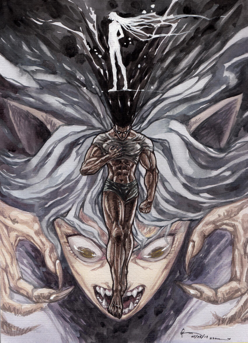 1boy 1other abs absurdres aged_up alternate_form animal_ears barefoot black_hair blank_eyes brown_eyes cat_boy cat_ears cat_girl character_background claws clenched_hand close-up cropped_shirt dominic_ian_cabatit fingernails full_body gon-san gon_freecss green_shorts grey_hair hand_up highres hunter_x_hunter kite_(hunter_x_hunter) long_fingernails male_focus muscular muscular_male navel neferpitou open_mouth sharp_fingernails sharp_teeth shirt short_hair shorts silhouette solo_focus standing tall_hair teeth undersized_clothes white_shirt