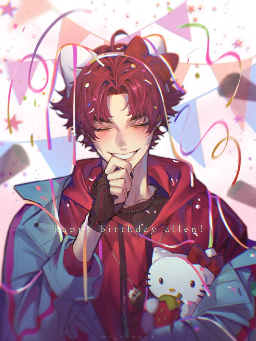 1boy animal_ears blue_jacket brown_gloves brown_shirt cat_ears character_name closed_eyes confetti facing_viewer fake_animal_ears fingerless_gloves gloves happy_birthday hello_kitty hello_kitty_(character) highres hood hood_down hoodie jacket long_sleeves male_focus paradox_live red_hair red_hoodie sanrio shirt short_hair smile solo sugasano_allen teeth yoonmiumi
