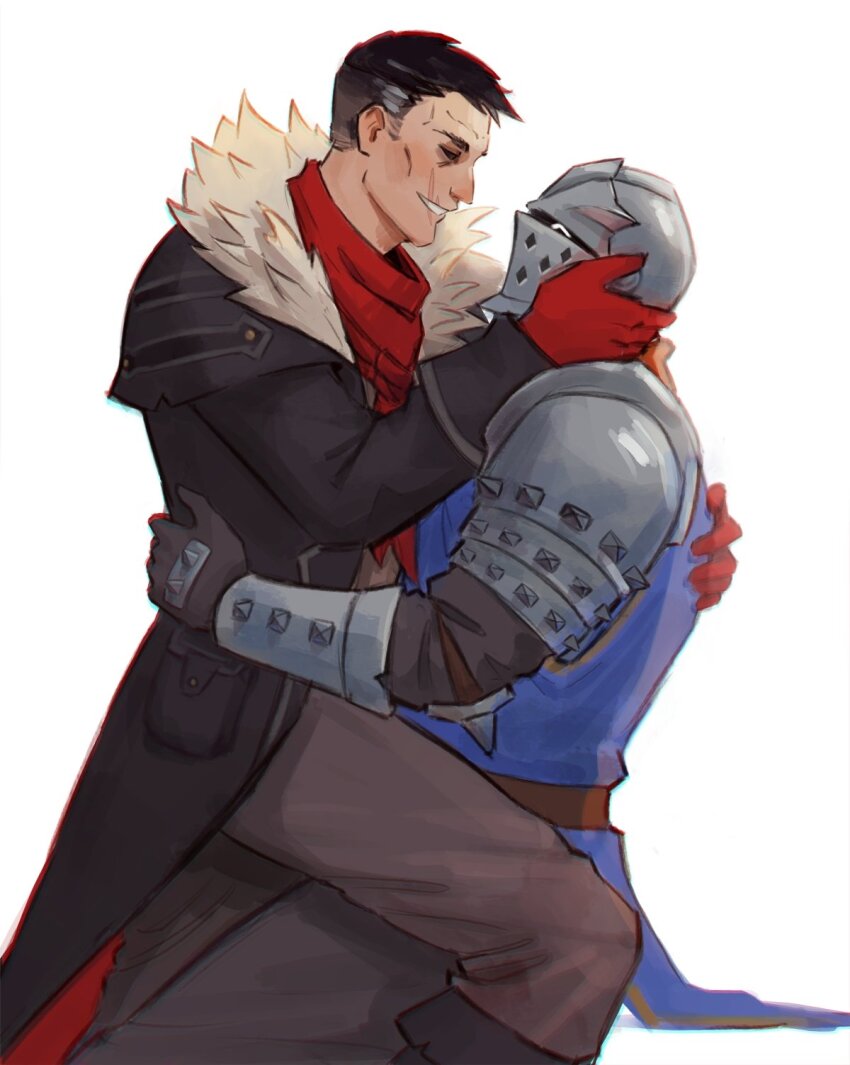 2boys ^_^ arm_around_waist armor bandana black_coat black_footwear black_gloves black_hair black_pants black_shirt blue_tabard boots closed_eyes coat coattails commentary couple crusader_(darkest_dungeon) darkest_dungeon darkest_dungeon_ii eye_contact fur-trimmed_coat fur_trim gauntlets gloves hand_on_another&#039;s_back hand_on_another&#039;s_face helm helmet highres highwayman_(darkest_dungeon) knight long_sleeves looking_at_another male_focus multiple_boys on_lap pants pauldrons perepecha profile red_bandana red_gloves shirt short_hair shoulder_armor simple_background sitting sitting_on_lap sitting_on_person sleeve_cuffs smile tabard teeth white_background white_fur yaoi