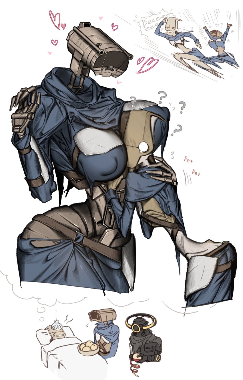 1boy 1girl ? absurdres armor beep_(kenshi) blue_shirt breasts flying_sweatdrops gloom_(expression) heart highres hiver_(kenshi) hug humanoid_robot joints juerucj kenshi large_breasts long_sleeves nipples peeling robot robot_joints shirt skeleton_(kenshi) speech_bubble thought_bubble torn_clothes under_covers
