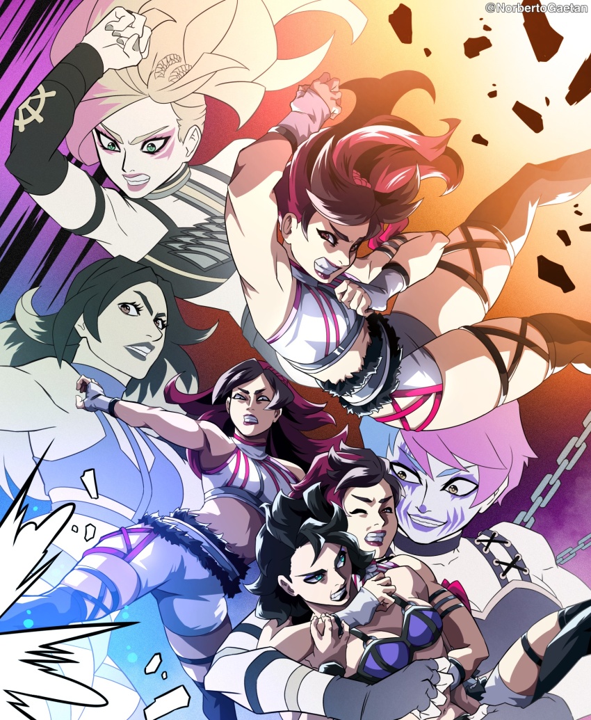 5girls asuka_(wrestler) black_hair blonde_hair blue_hair brown_eyes brown_hair clenched_teeth commentary crossface_chickenwing dakota_kai_(wwe) elbow_drop english_commentary facepaint green_eyes grin highres imitating iyo_sky kairi_sane kicking long_hair multicolored_hair multiple_girls multiple_views norbertogaetan pink_hair red_hair rhea_ripley short_hair smile teeth two-tone_hair wrestling wwe