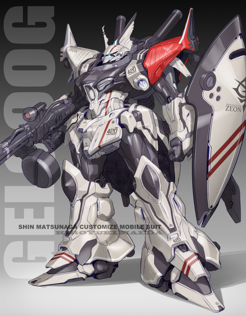 absurdres arm_shield artist_name beam_rifle blue_eyes character_name clenched_hand commentary_request energy_gun full_body gelgoog gelgoog_hmt_johnny_ridden_custom gradient_background gun gundam gundam_msv highres holding holding_gun holding_weapon horns maeda_hiroyuki mecha mecha_focus mobile_suit no_humans one-eyed redesign robot science_fiction shadow shield single_horn solo standing thrusters weapon zeon