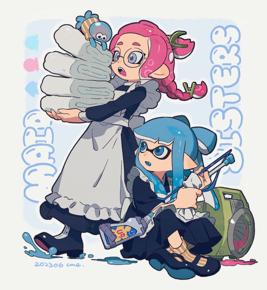 2girls :o apron back_bow black-framed_eyewear black_shoes blue_dress blue_eyes blue_hair blue_tongue bow bow-shaped_hair braid colored_tongue commentary dot_nose dress english_commentary fang full_body glasses highres holding holding_towel holding_weapon inkling inkling_girl inkling_player_character jellyfish_(splatoon) long_hair long_sleeves maid mary_janes multiple_girls nintendo octoling octoling_girl octoling_player_character open_mouth orange_socks pink_hair round_eyewear shoes sidelocks single_braid sloshing_machine_(splatoon) socks splatoon_(series) squiffer_(splatoon) tentacle_hair towel uumemeorg weapon white_apron white_bow