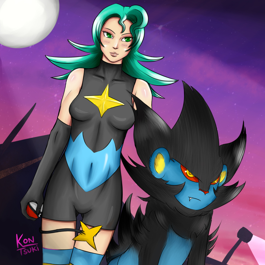 collarbone gen_4_pokemon green_eyes highres jenny_(pokemon) kontsuki long_glove luxray marble_(pokemon) moon navel nintendo pokemon pokemon_(anime) pokemon_dp059 pokemon_dppt_(anime) searchlight spandex striped_clothes striped_thighhighs thighhighs