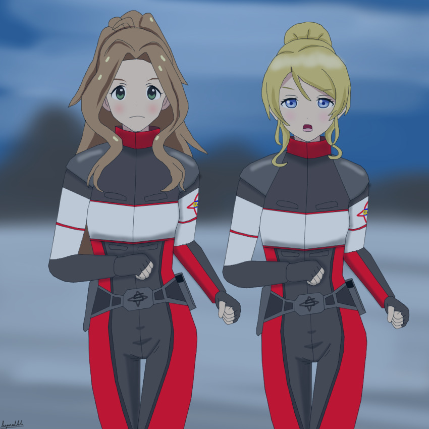 2girls artist_request ayase_eli blonde_hair female_focus hair_between_eyes highres long_hair love_live! love_live!_school_idol_project multiple_girls ultra_series ultraman_dyna_(series)