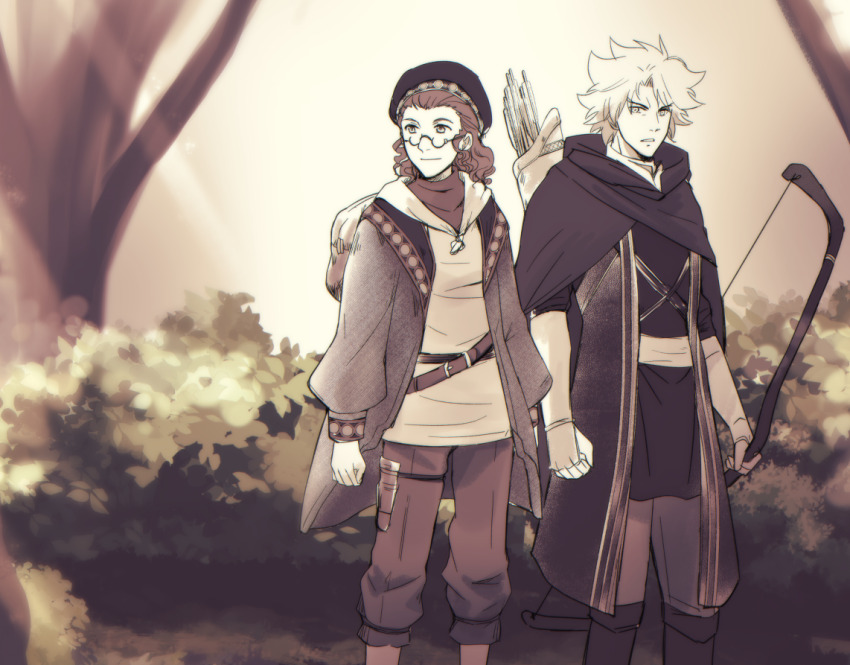 2boys 2girls arms_at_sides backpack bag boots bow_(weapon) classicaloid franz_schubert_(classicaloid) gauntlets glasses hat holding holding_bow_(weapon) holding_weapon jacket kusano_gurima long_hair ludwig_van_beethoven_(classicaloid) male_focus monochrome multiple_boys multiple_girls pants quiver short_hair weapon