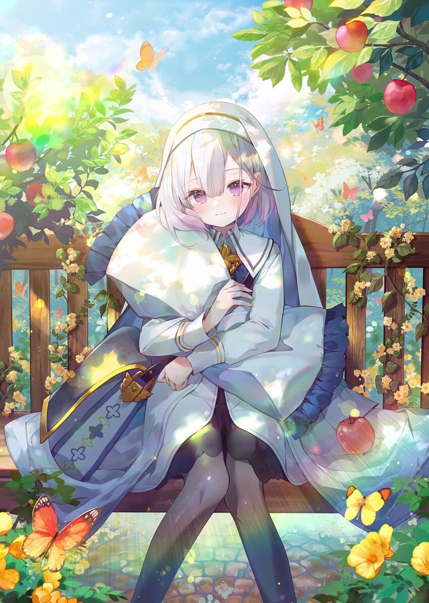 1girl apple apple_tree black_thighhighs bug butterfly collared_shirt flower food fruit hair_between_eyes highres holding holding_pillow ibara_riato insect long_sleeves looking_at_viewer on_bench original pillow purple_eyes shirt short_hair sitting smile solo thighhighs tree white_hair white_headdress yellow_flower
