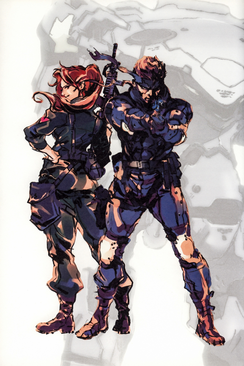 1boy 1girl absurdres aiming assault_rifle bandana belt boots chris_jenner elbow_pads gun hand_on_own_hip handgun headband highres holding holding_gun holding_weapon holster knee_pads legs_apart long_hair looking_back metal_gear:_ghost_babel metal_gear_(series) military official_art over_shoulder promotional_art red_hair rifle shinkawa_youji smile sneaking_suit solid_snake thigh_holster utility_belt weapon