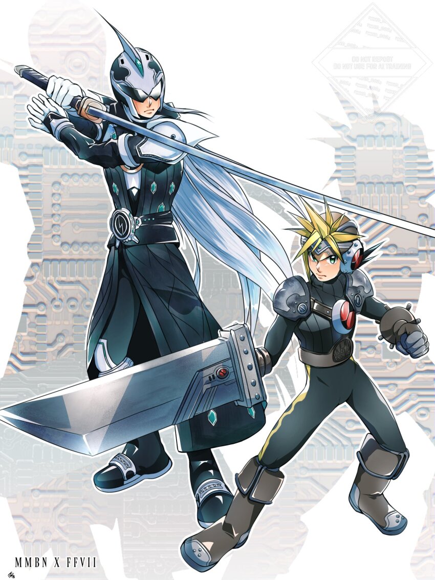 002_khd 2boys arm_blade assault_visor belt_buckle black_bodysuit black_coat black_hair black_sweater blonde_hair bodysuit brown_helmet buckle buster_sword cloud_strife cloud_strife_(cosplay) coat cosplay final_fantasy final_fantasy_vii green_eyes helmet highres holding holding_sword holding_weapon katana long_hair male_focus mega_man_(series) mega_man_battle_network_(series) megaman.exe multicolored_hair multiple_boys protoman.exe sephiroth sephiroth_(cosplay) short_hair shoulder_pads spiked_hair sweater sword two-tone_hair very_long_hair weapon white_background white_hair white_helmet